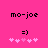 Pixelated pink background with black text 'mo-joe', a smiley face, and five light pink plus signs arranged horizontally.