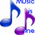 Pixelated musical notes and text fragments in blue and purple hues on a white background.