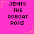 Bright pink background with repeated text "JENNY THE ROBOAT ROKS" in black pixelated font, surrounded by yellow and pink star-shaped sparkles.