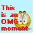 Pixelated image with red text reading 'This is an OMG moment' on light blue background next to cartoon character.