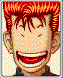 Pixelated cartoon character with red spiky hair in three expressions: wide grin, angry squint, and laughing mouth open.