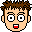 Pixelated cartoon head with brown spiky hair, light skin, and red mouth showing white teeth against gray background.