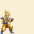 Pixelated character in golden and blue outfit performing various action poses against light background.