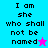Four display pixelated text 'I am she who shall not be named' with star symbols on cyan, purple, magenta, and blue backgrounds