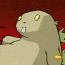 Animated sequence of a light brown cartoon creature with yellow eyes and a white tooth, shifting poses against a red background with green accents.