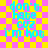 Pixelated cyan text on a yellow-pink checkered background with animated light effects.