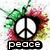 A static buddy icon featuring a peace symbol with green and red floral elements above, the word 'peace' below, and a person's face at the bottom.
