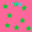 Pink background with scattered green stars and cyan 'hey!' text in multiple locations.