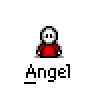 A 5x4 contact sheet of pixel art angel icons with varying wing states and partial body visibility, each labeled "Angel" below the icon.