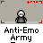Animated contact sheet of pixel art icons featuring a white-faced character in gray and green outfits with repeated "Anti-Emo Army" text, showing various poses including standing, waving, holding objects, and interacting with other characters.