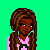 Pixelated cartoon character with long brown braided hair wearing pink shirt and dark blue pants, standing against bright green background with repeated 'Let's Party' text.