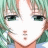 A pixelated anime-style character face with green hair and a black background featuring stylized text.