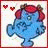 Blue cartoon character with red hair and heart symbols, shown in three variations of pose and background.