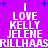 Purple background with blue star shapes and white pixelated text reading "I LOVE KELLY JELENE RILLHAASRILLHAAS" arranged in a vertical stack.