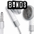 Pixelated grayscale image of earphones with overlaid text fragments, arranged in a -like pattern on white background