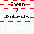 Pixelated text 'Owen J Roberts' repeated across a red and white checkered background with horizontal red line patterns.