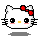 Pixel art of a white cat face with red bow, yellow nose, black eyes, and pink cheeks in four variations against gray background.