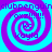 Four identical spiral patterns with alternating cyan and purple colors, each containing text elements arranged in a