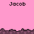 Pixelated pink background with dark purple jagged borders and repeated 'Jacob' text in black pixel font across multiple sections.