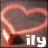 A pixelated image shows a heart-shaped smoke effect with a red glow at the bottom left, and the text 'ily' in white lowercase letters at the bottom right.