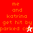Pixelated text reads "me and katrina get hit by parked cars" with a white cursor and red cursor in different frames.
