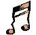 Two pixelated musical eighth notes with black stems and heads, beige and pink accents on gray background.