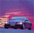 Pixelated image of a car with headlights on against a gradient sky background transitioning from purple to pink and yellow.