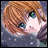 Pixelated anime-style character with brown hair and green eyes, wearing a gray top with white speckles, next to black background with white text.