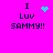 Pixelated text on bright pink background with cyan heart and dot animations above 'I Luv SAMMY!!' text.