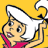 Pixelated cartoon character with light skin and dark hair wearing a pink top, holding a white star-shaped object against a solid yellow background.