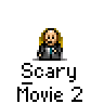 A 4x3 contact sheet of an animated AIM buddy icon featuring a pixelated character from Scary Movie 2, showing sequential frames with text overlays and facial expression changes.