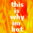 A pixelated text-based image with white text on a fiery orange-yellow background, displaying 'this is why im hot' in a vertical layout.