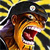 A pixelated close-up of a cartoon animal with brown fur, a black hat, and an open mouth showing red interior, set against a yellow and black striped background.