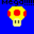 Pixelated yellow mushroom with red spots and two black eyes on a blue background, topped by partial dark text.