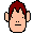 Pixelated cartoon head with red hair, light skin, and black outlines showing five distinct facial expressions against a gray background.