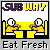 Pixelated animation of two cartoon figures at a yellow table under 'SUBWAY' text, with changing phrases like 'This Is Good' and 'Eat Fresh' below.
