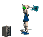 Animated sequence of a cartoon character with green hair and blue shirt smashing a blue electric guitar against a gray speaker.