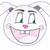 Pixelated cartoon face with large white eyes, green pupils, pink nose, and wide pink mouth showing teeth.