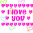 Pixelated graphic with pink text "I LOVE YOU" surrounded by heart shapes in various colors on a white background.