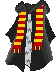 Animated sequence of a figure in black robe with red-yellow striped scarf and white star-patterned shirt against gray background.