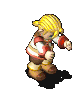 Animated character with blonde hair in a ponytail wearing white, red, and brown clothing performing sequential poses against a gray background.