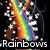 Rainbow-colored guitar with white sparkles on black background, rainbow swirl lollipop, Smurf character with white hat and blue body, and text labels.