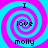 Four identical spiral patterns with alternating cyan and magenta rings, each containing the text "I love molly" in black pixelated font.