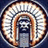 A split-screen image with a Native American chief in a headdress on the top-left, blue text on orange backgrounds, and a gray on the bottom-right