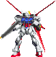 Six pixelated mecha figures in a , each with red, blue, and white color scheme, standing against gray background