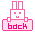 Pixelated pink bunny with white face and ears, two square eyes, a U-shaped mouth on a light pink base with 'bdck' text.