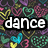 Pixelated icon with 'dance' text in white block letters on black background, surrounded by colorful abstract shapes.