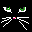 Pixelated animated icon shows green eyes with white eyelids, pink nose, and white whiskers on black background; animation cycles through eye shapes and nose color changes.