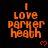 Orange pixelated text reads "I LOVE PARKER HEATH" with a red heart symbol below on black background.