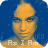 Pixelated portrait of a person with light skin tone against a blue background, featuring text at the bottom and partial text on the right side.